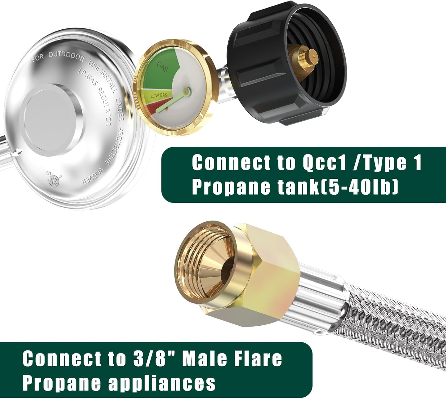 Upgrade 6FT Braided Propane Regulator and Hose with Gauge, QCC1 Propane Adapter Hose Regulator for 20lb Tank with Elbow Adaptor, Replacement Part for Blackstone for Weber LP Gas Grill Heater Fire Pit