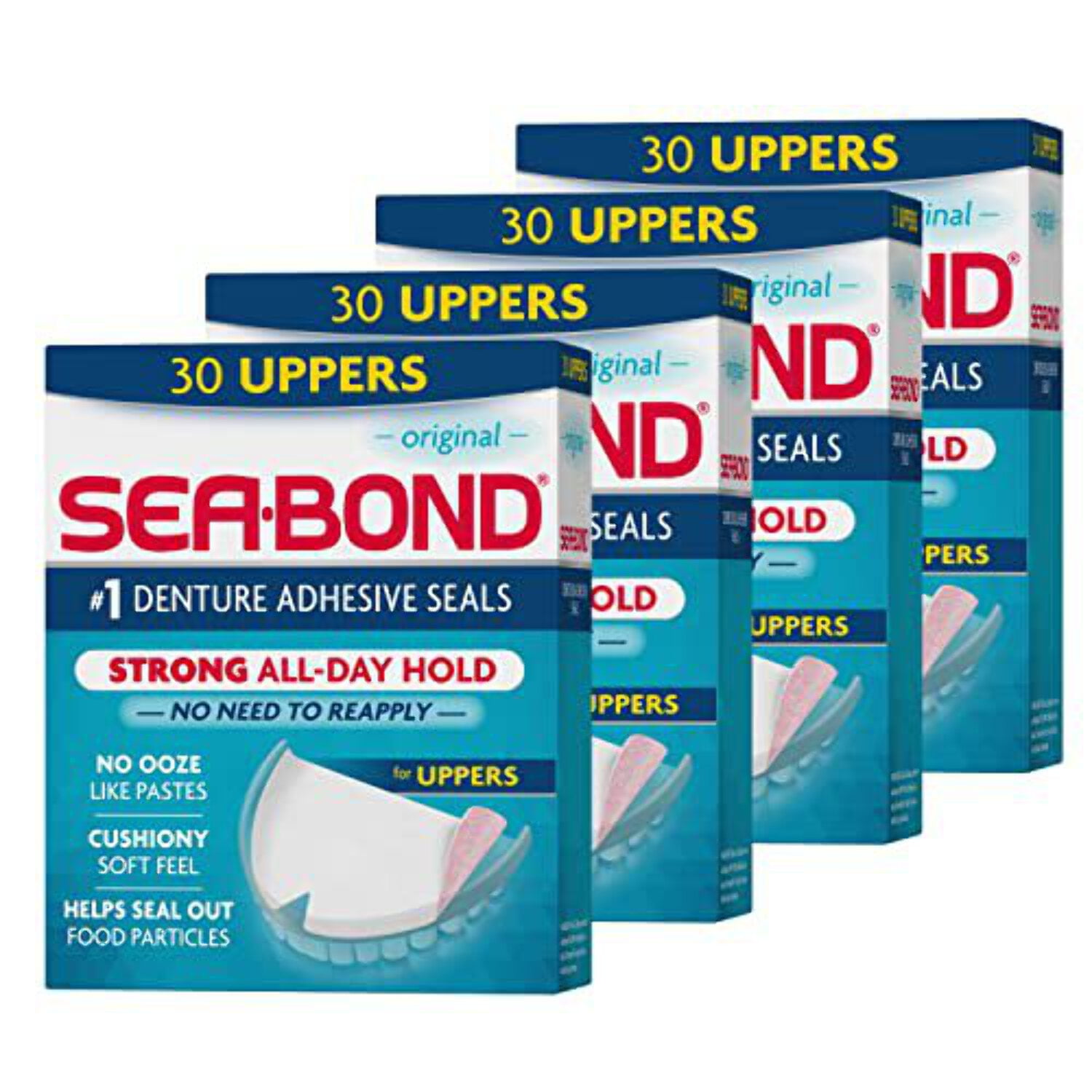 (3 pack) Sea Bond Upper Secure Denture Adhesive Seals, For an All Day Strong Hold, Original Flavor Seals, 30 Count, 4 Pack