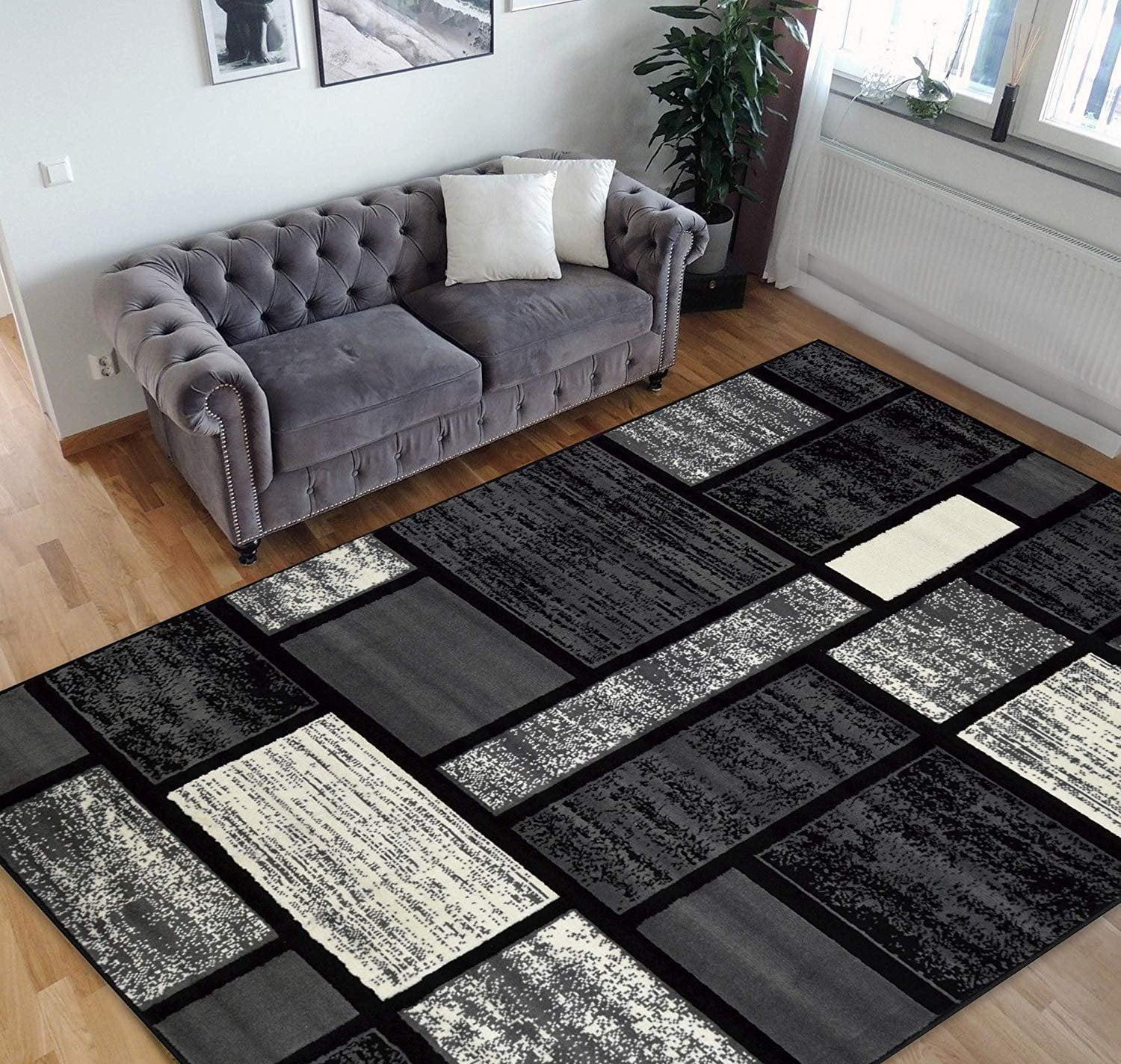 Square Pattern Area Rug Geometric Contemporary Black & Grey Carpet