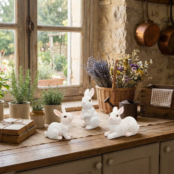 FYHALE 3 Pcs Easter Bunny Resin Figurines Set, White Cute Rabbit Mini Statues for Spring Home Garden Decor, Idyllic Tabletop Outdoor Easter Party Decoration