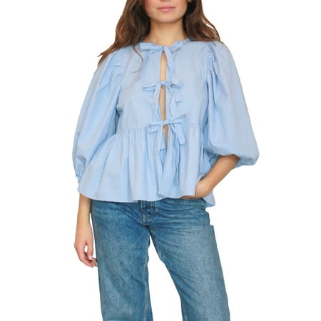ZIYIXIN Women Puff Sleeve Peplum Shirts Y2k Lace Up Tie Front Ruffle Hem Loose Blouse Dressy Casual Babydoll Tops