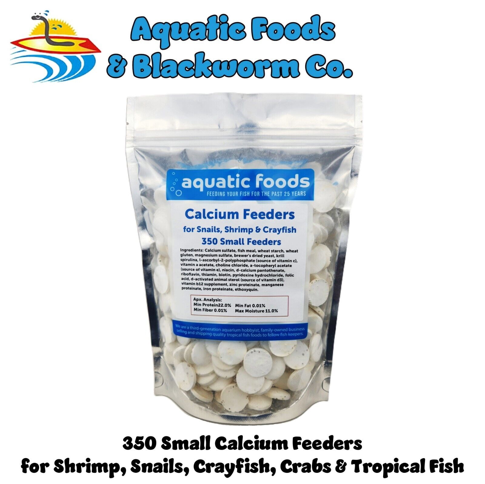 Calcium Enriched small Feeder Disks for Shrimp, Snails, Crabs, Crayfish, Hermit Crabs, Bottom Fish and All Tropical Fish - 350 Count Bag of Smalls