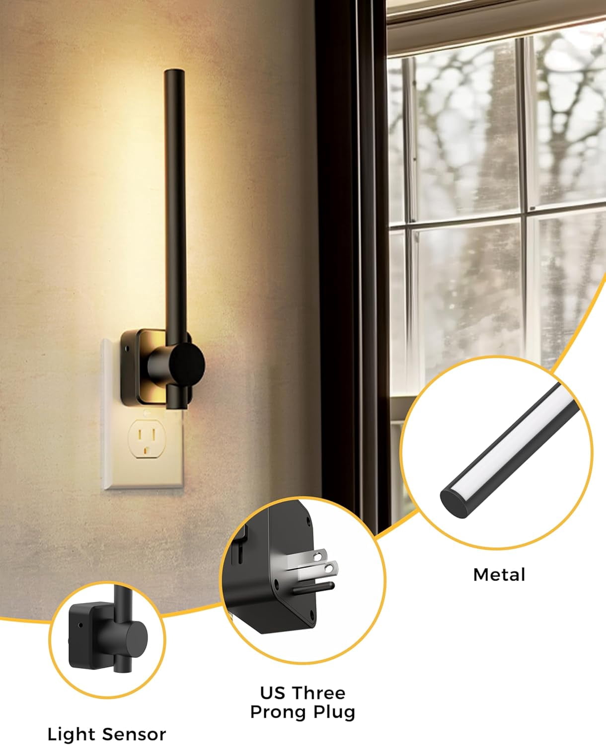 JJEAN-Night Light, Night Lights Plug into Wall, 0-200LM Bathroom Nightlight, Dusk to Dawn Sensor 2W Dimmable Nightlights, Soft White 3000K, Modern Black Night Light for Mirror Restroom, 1 Pack