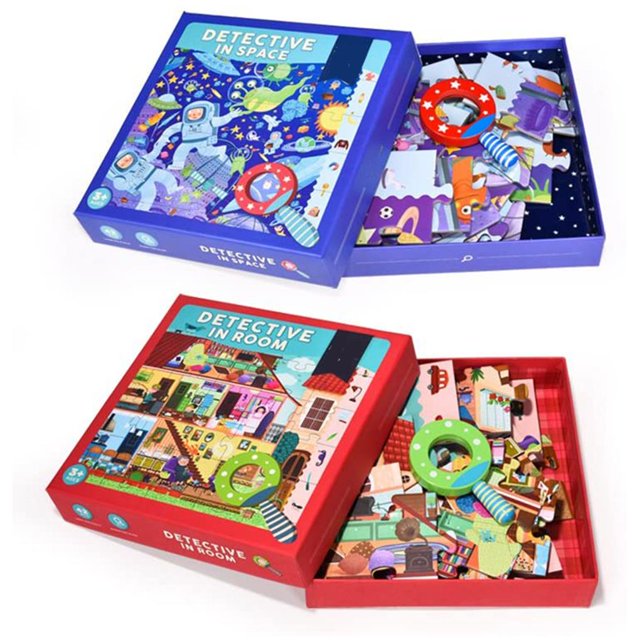 maskred Kids House Space Exploration Jigsaw Puzzles Children's Cartoon Paper Toy with Magnifying Glass Red