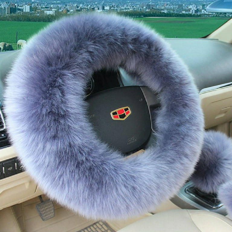 Yontree Fashion Fluffy Steering Wheel Covers for Women/Girls/Ladies  Australia Pure Wool 15 Inch 1 Set 3 Pcs (Gray)