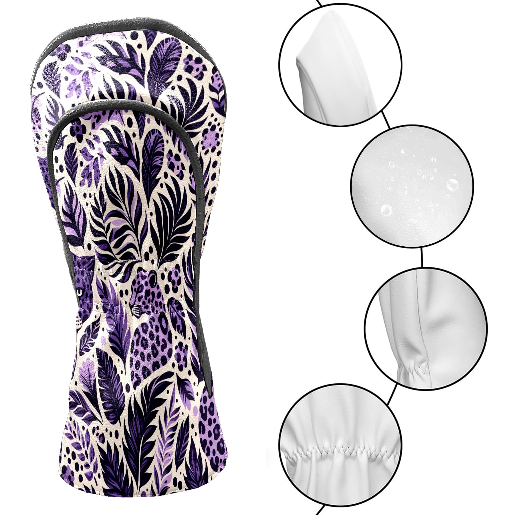 Golf Club Covers, Purple LeopardPlant Premium PU Leather Driver Hybrid Putter Head Covers with Velvet Lining, Waterproof Golf Gifts for Men Women