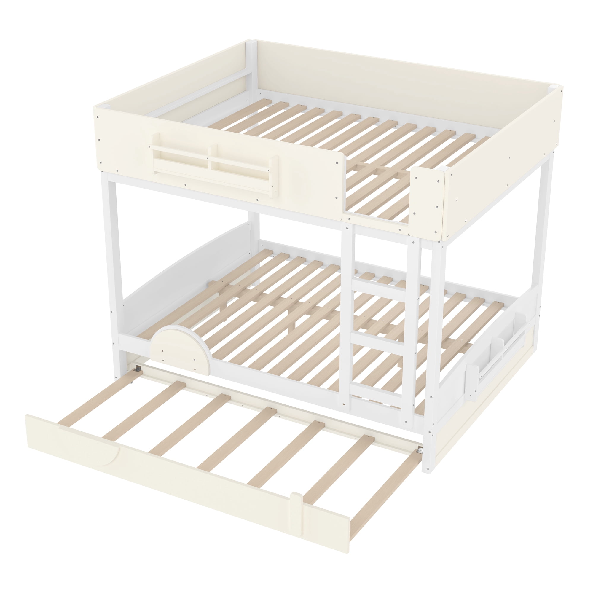 Mintazer Queen Over Queen Car Themed Bunk Bed with Trundle & Bookshelf, Modern Bunk Bed with Guardrail for Kids, White & Beige