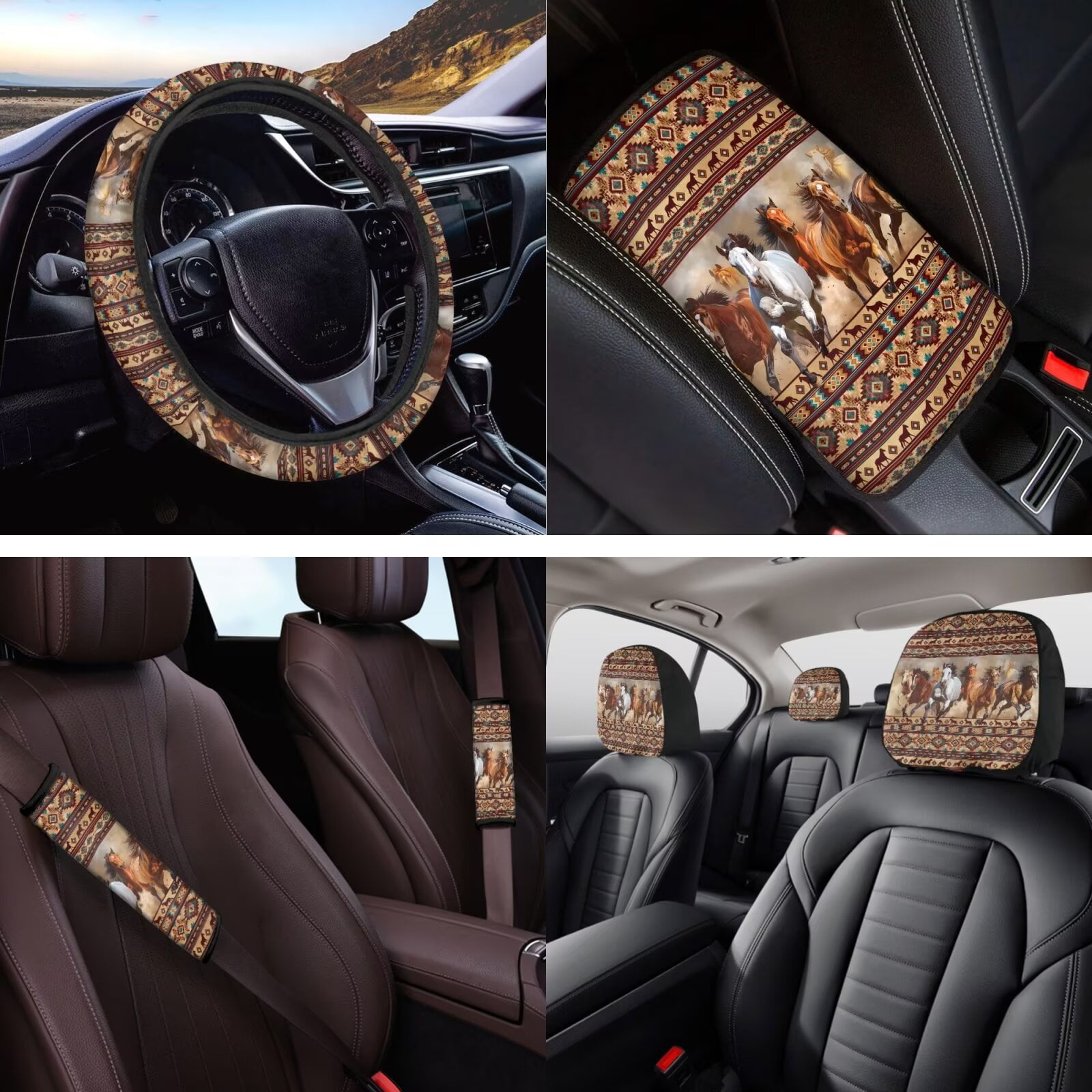 HUIACONG Aztec Horse Seat Covers for Cars Full Set Universal Car Accessories Seat Covers Front and Back with Steering Wheel Cover Armrest Cover Seat Belt Pads Headrest Cover Coasters Keychain