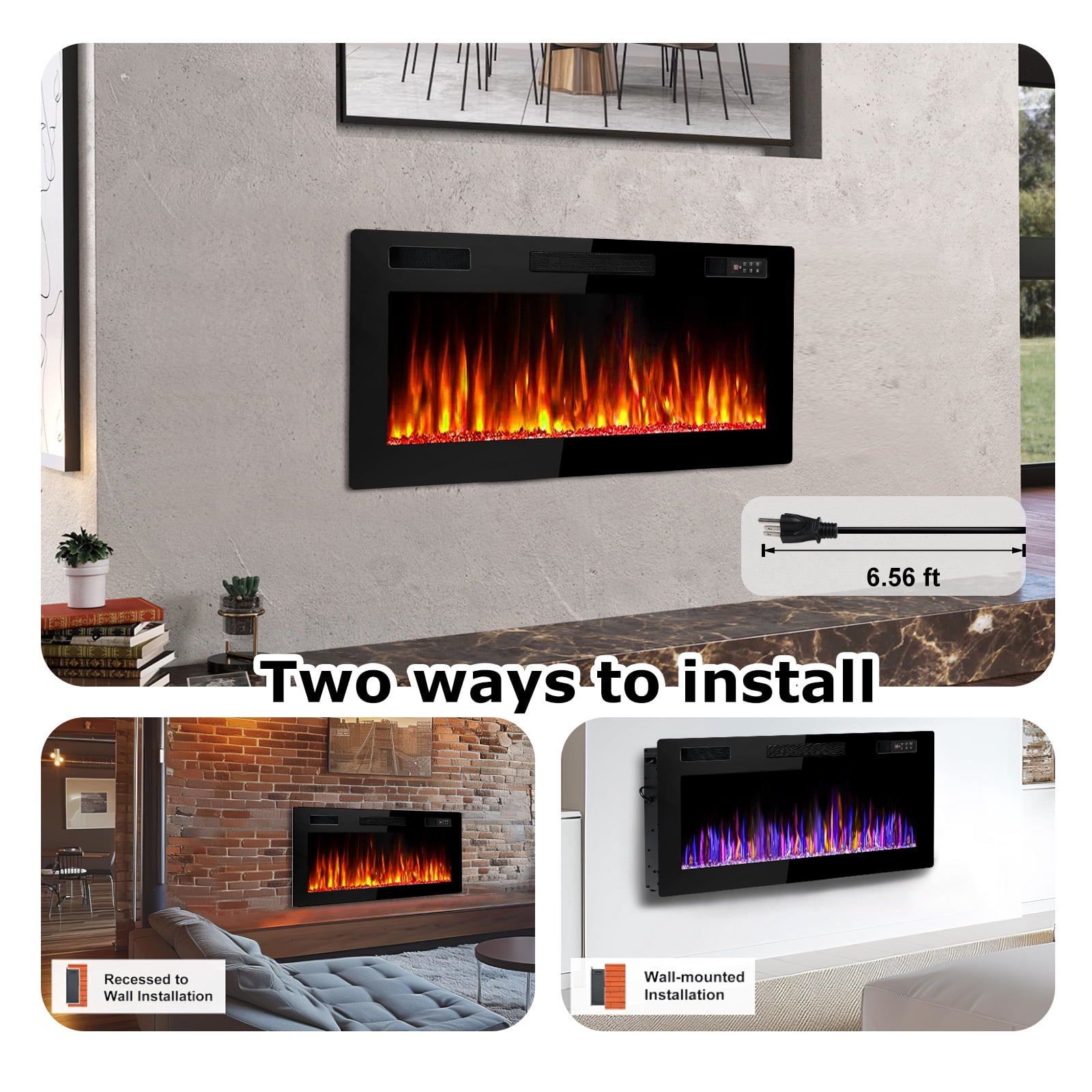Waleaf 36” Electric Fireplace Ultra Thin Fireplace Heater, Recessed Wall Mounted Fireplace with Multicolor Flame & Remote Control