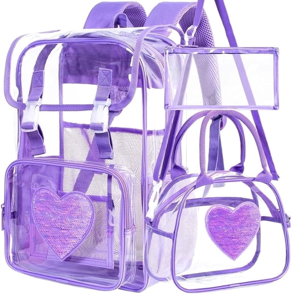 3PCS Clear Backpack Set, Heavy Duty Stadium Approved Transparent Bookbag for Girls Women, See Through Backpack with Purple Sequins