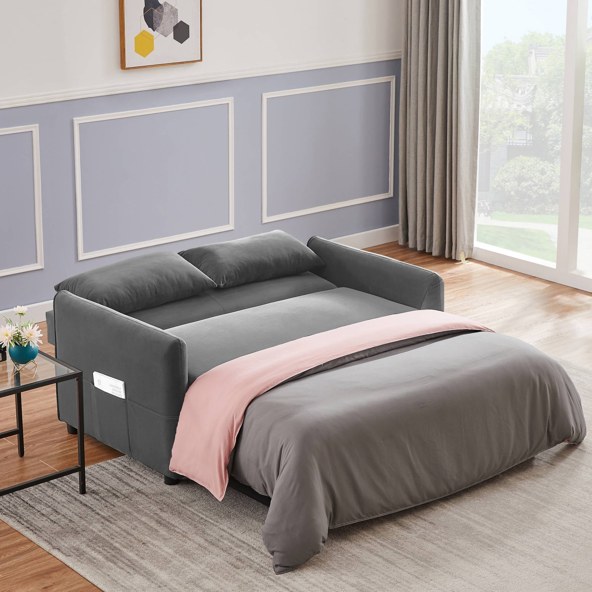 Zechuan Convertible Sofa Bed Velvet Loveseat Sofa with Pull Out