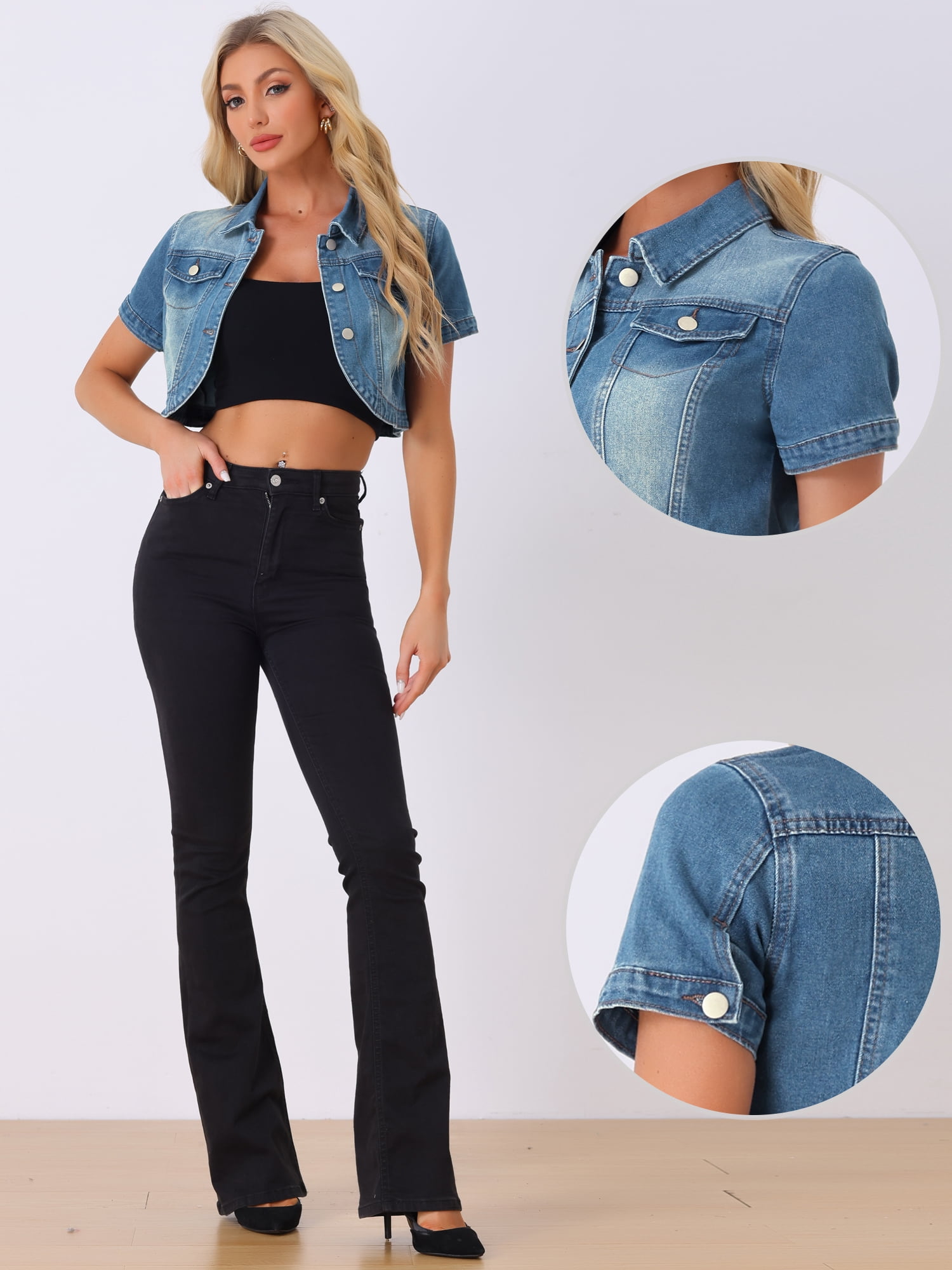 DARING DIVA Women's Summer Short Sleeves Crop Denim Jackets M Denim Blue