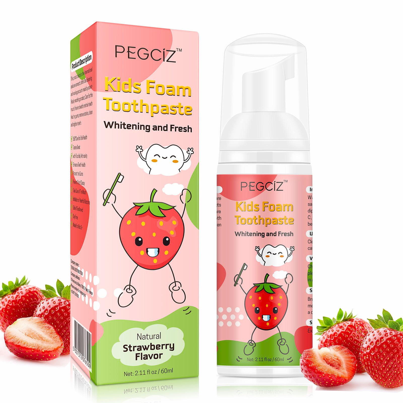 Pegciz Kids Foam Toothpaste Strawberry, Children Mouthwash with U