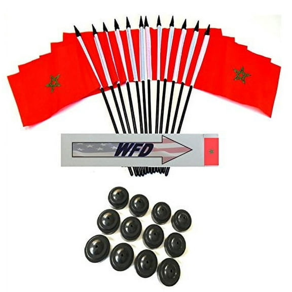 Pack of 12 4"x6" Morocco Polyester Miniature Office Desk & Little Table Flags, 1 Dozen 4"x 6" Moroccan Small Mini Handheld Waving Stick Flags with 12 Flag Bases (Flags with Stands)
