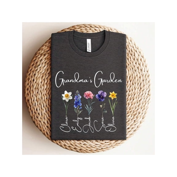 Personalized Grandma's Garden T-Shirt with Custom Grandchildren Names, Unique Floral Mother's Day Gift for Grandmothers, Thoughtful Family Tee