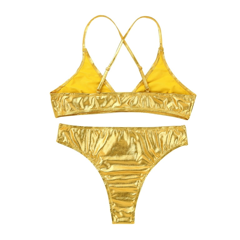 iEFiEL Womens Shiny Metallic Bikini Swimsuit Scoop Neck Bra Top with High  Cut Briefs Gold Large 