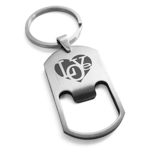Stainless Steel Iconic Love Heart Engraved Bottle Opener Dog Tag Keychain Keyring