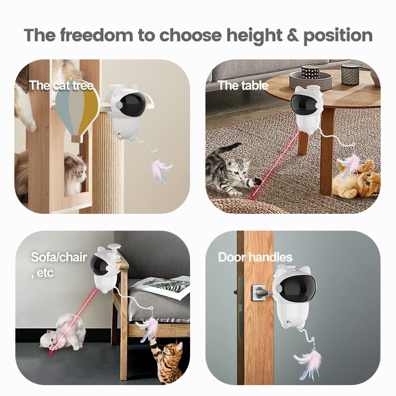 360° Rotating Laser Feather Cat Toy with 4 Replacement Pendents, White & Black Cat Head