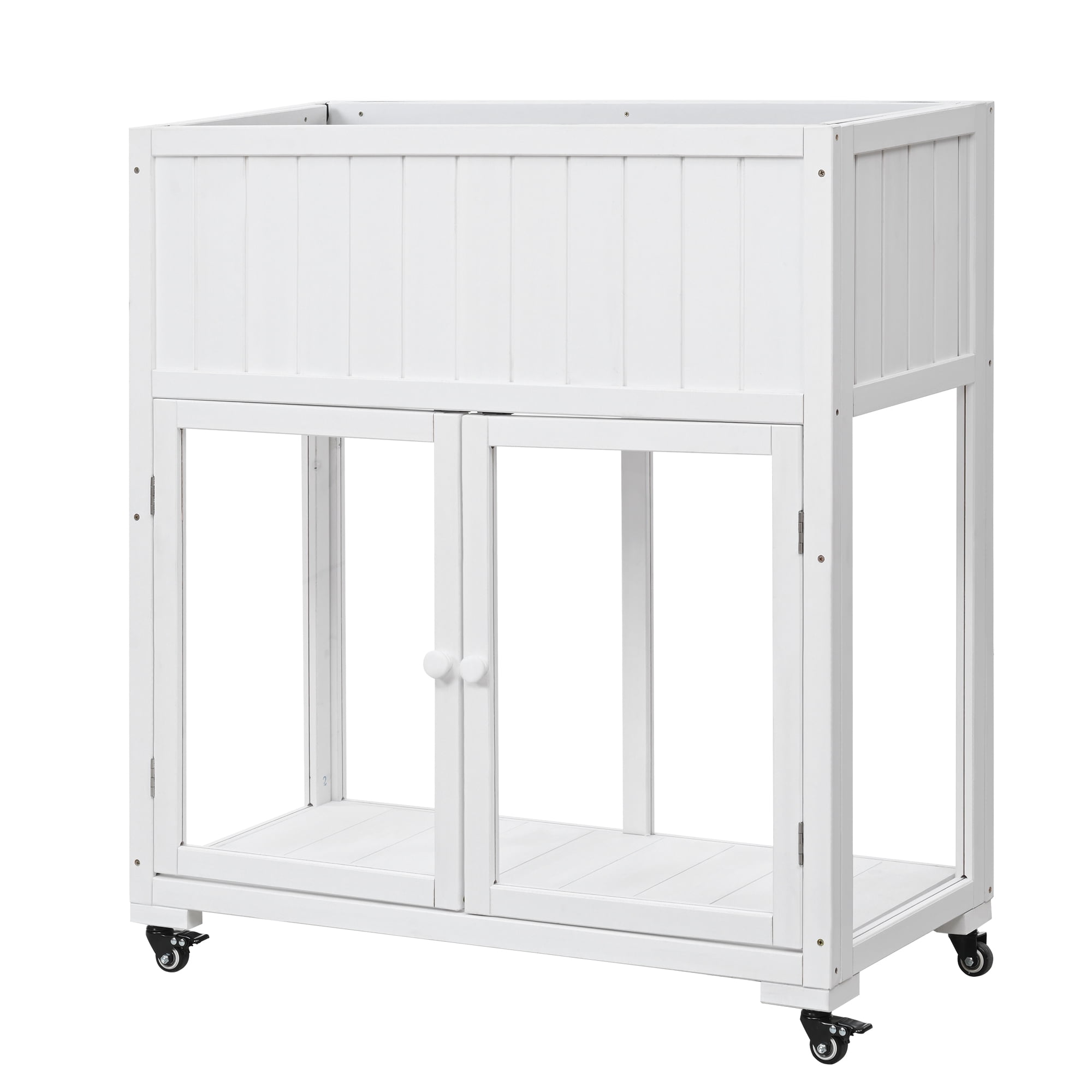 YIYADO Patio Mini Wood Cold Frame, Compact 2 Doors Garden Greenhouse with Wheels for Indoor Outdoor Use,White