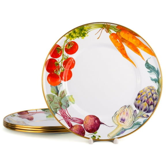 STP GOODS Vegetable Garden Enamel Serving Plate Set of 4 psc 11” (28 cm) Enameled Aluminum Round Dishes Dinner Plates for Appetizers Salad