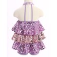 thumbnail image 5 of IBTOM CASTLE Girls Sequin Dance Outfit Sparkly Latin Hip Hop Jazz Dance Outfit Halter Mesh Ruffle Dress Top and Shorts Dancewear 6-7 Years Light Purple, 5 of 7
