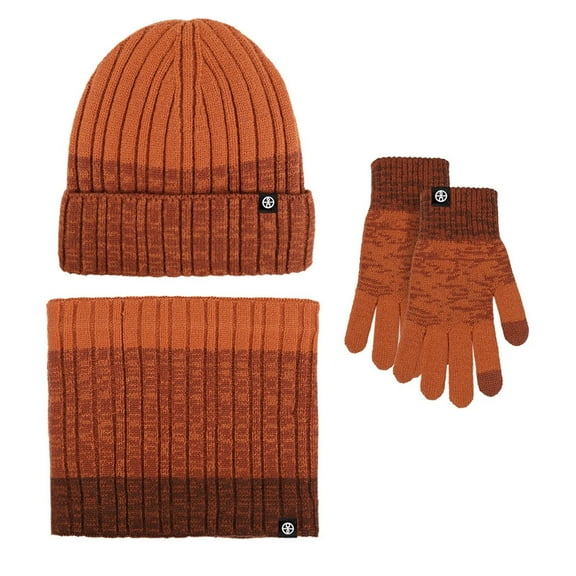 MIASHUI Winter Outdoor Cold Protection Warm Gradient Color Knit Hat and Scarf Three-Piece Set, Scarf Set for Men and Women Coffee