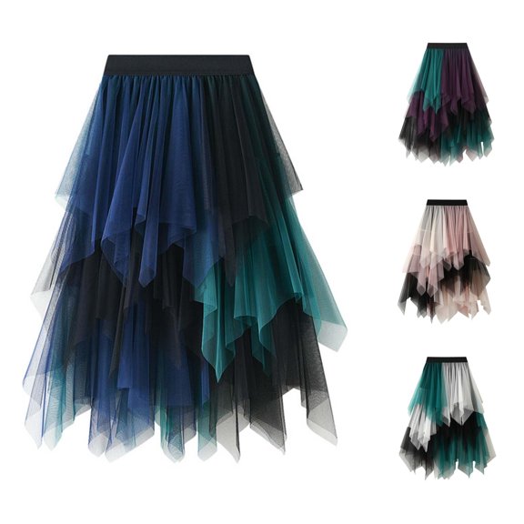 Wxolcjlv Womens Color‑Block Asymmetrical Tulle Midi Skirt Elastic Waist Stacked Mesh Party Casual Skirts