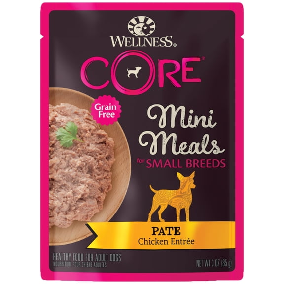 Wellness CORE Natural Grain Free Small Breed Mini Meals Wet Dog Food, Shredded Chicken & Lamb Entrée in Gravy, 3-Ounce Pouch (Pack of 12)