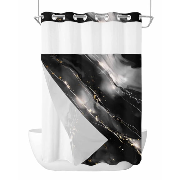 No Hook Cloth Fabric Shower Curtain with Snap in Liner, Blake Gray Marble Waterproof Shower Curtains Set with See Through Top Window, Modern Abstract Art Marble Crack Bath Curtains Shower 48"x72"