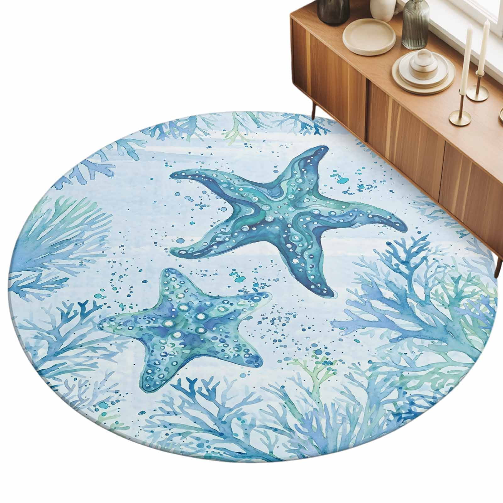 Round Area Rug 5ft Teal Blue Starfish Floor Carpets Indoor Floor Area Mat Stain-Proof Mat Circle Rugs for Living Room Dining Room Kitchen Bedroom Coastal Ocean Coral Sofa Throw Carpet