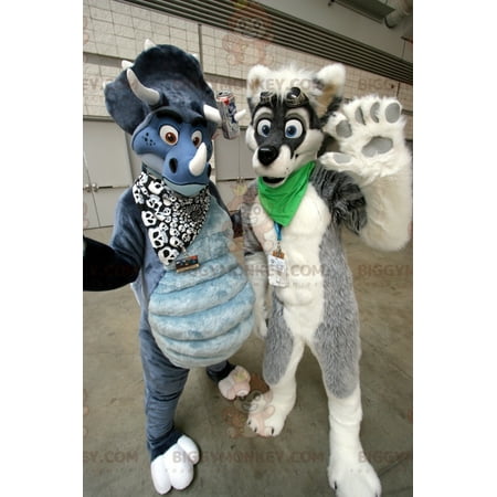 2 BIGGYMONKEY™s mascot: a gray and white dog and a blue dinosaur