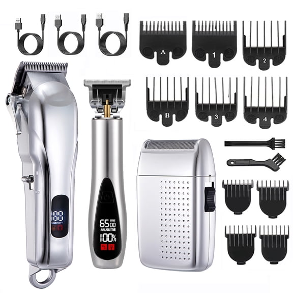 3 In 1 Professional Barber Clipper Set, T-Blade Trimmer & Foil Shaver Rechargeable Hair Grooming Kit