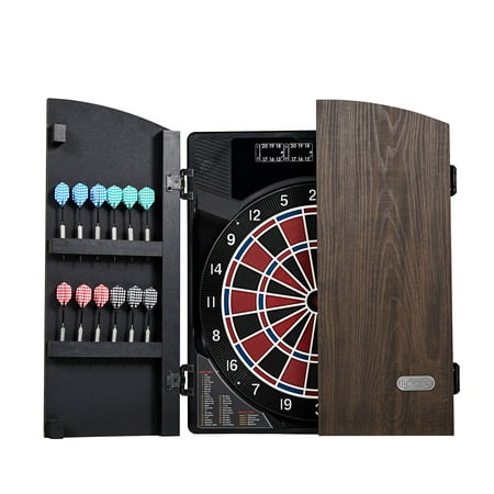 MD Sports - New Haven Smart Dartboard Cabinet With Digital X/O Cricket Scorekeeping and Soft Tip Dart Set - Brown/Black