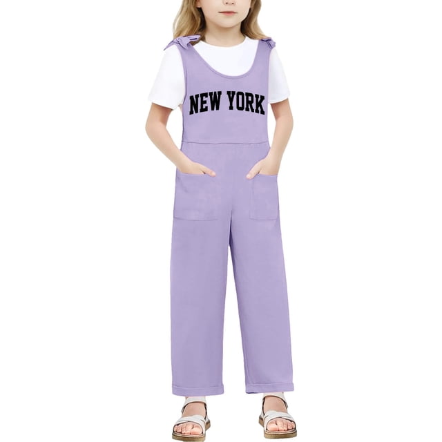 Wdgfv Girls Jumpsuits Casual Sleeveless Loose Spaghetti Strap Summer Rompers Long Pants with Pockets Purple 9-10 Years