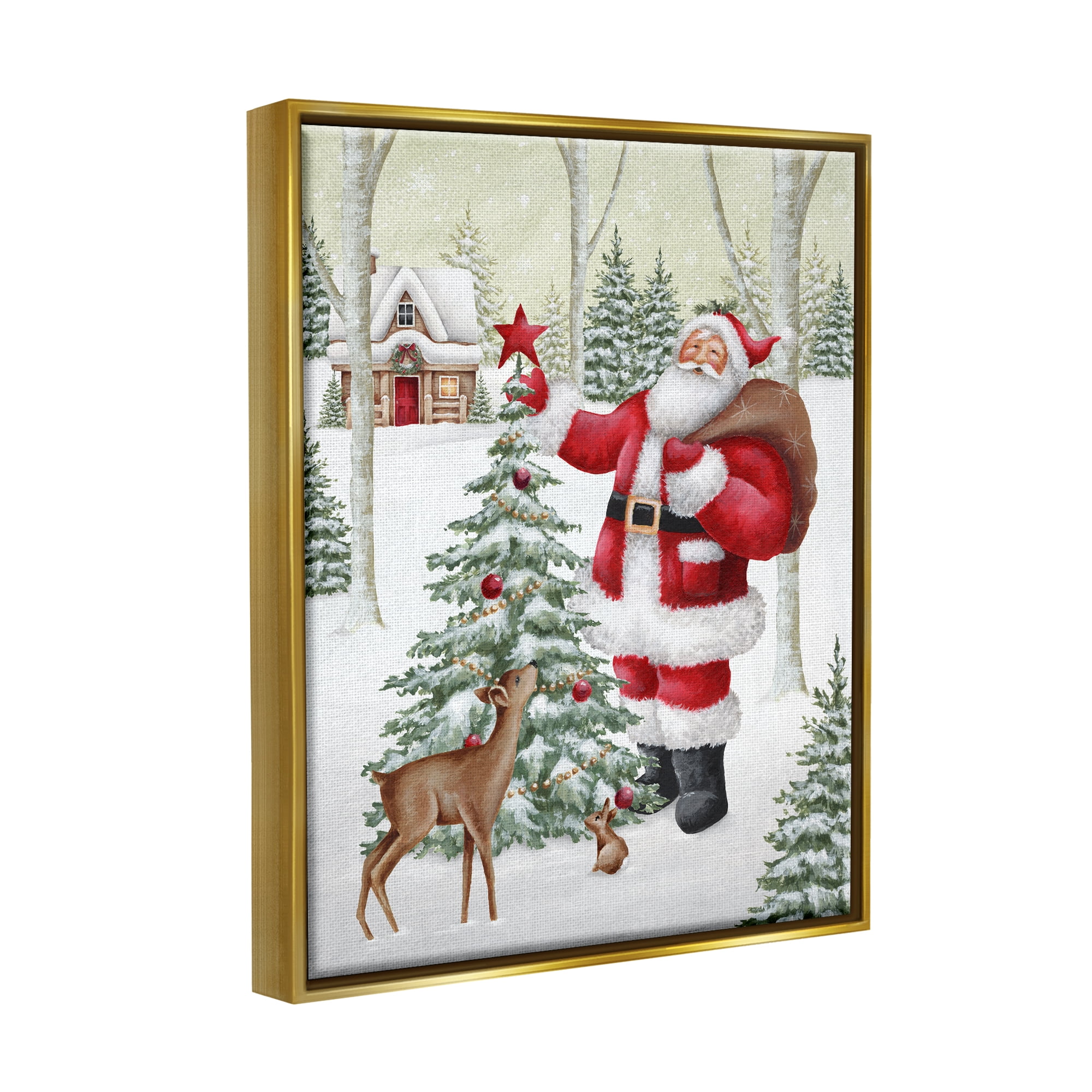 Stupell Industries Santa & Snowy Cabin Holiday Painting Gold Floater Framed Canvas Art Print Wall Art, 17 x 21