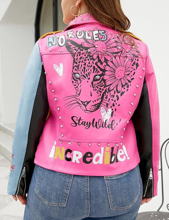 Giolshon Women's Plus Size Faux Leather Jacket Graffiti Studded Rivet Punk Floral Moto Biker Coat