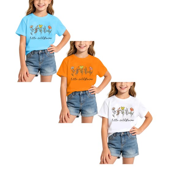 XEGLSBU 3 Pack Girls T Shirts Short Sleeve Floral Print Soft Summer Round Neck Comfort Fit Tops for Kids Daily Wear Breathable Shirt Size 12-14 Years