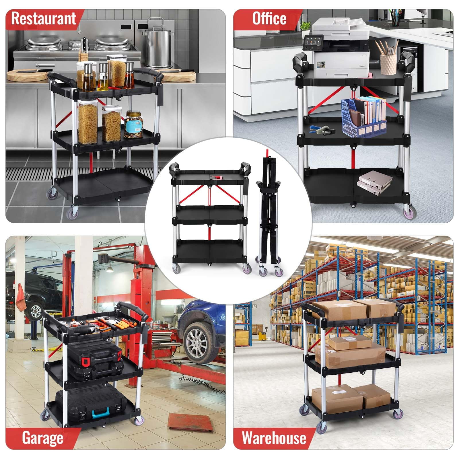 Folding Service Cart Heavy Duty 176 LBS w/ 360° Swivel Wheels Ergonomic Red Handle Foldable Utility Cart for Office Garage Home Kitchen Storage Collapsible Tool Cart