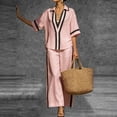 thumbnail image 5 of BRELIL Women Plus Size Two Piece Sets V Neck Short Sleeve Shirt Wide Leg Long Pants Casual Lounge Solid Boho Vacation Travel Outfits Fall Summer Tracksuit, Pink 2XL, 5 of 9