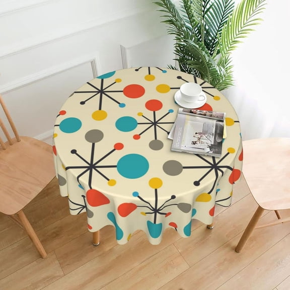 Verolix Retro Geometric Round Tablecloth 60 Inch, Mid Century Style Decorative Table Cover for Dining Table