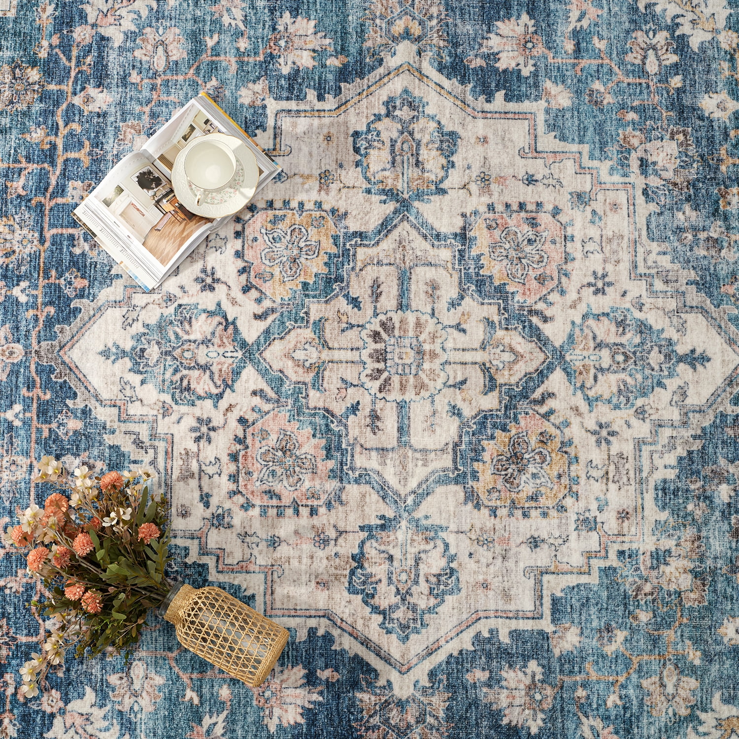 FEELHOME 2'x3' Area Rug Machine Washable Soft Vintage Distressed Non Slip Carpet for Living Room Bedroom Dining Room Blue
