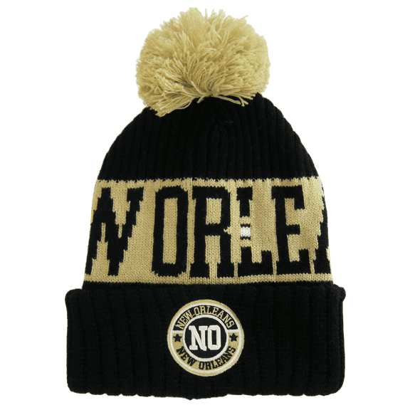 New Orleans City Name Three Stripe Circular Patch Pom Beanie Winter Hat (Black/Khaki)