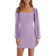 thumbnail image 1 of HAHDAXIA Women's Mesh Long Sleeve Square Neck Ruched Party Club Cocktail Bodycon Mini Dress, 1 of 6