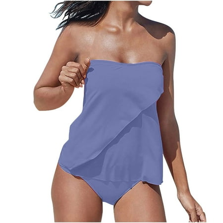 Dezsed Two Piece Bandeau Tankini Swimsuits for Women Loose Blouson Swim Top with Bikini Bottom Tummy Control Bathing Suits Swimwear Clearance Purple XXXL