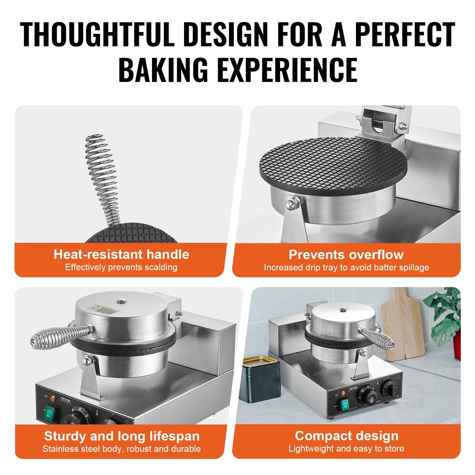 Commercial Electric Ice Cream Cone Maker 1230W Waffle Cone Machine Non Stick Stainless Steel Egg Roll Mold with Temperature Time Control Handle for Restaurant Bakery Snack Bar Family