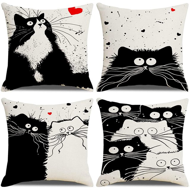 Pack de 4 Fundas de Cojín, Fundas de Cojín Línea Algodón Estampado Gatos para Sofá 45x45 cm oso de fresa Electrónica