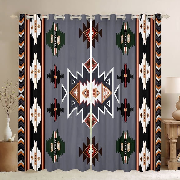Homewish Western Boho Aztec Black Out Curtains for Men, Rustic Mandala Hippie Curtains Pack of 2 (42x63 Each), Grey Black Abstract Bedroom Curtains, Living Room Curtains Decor