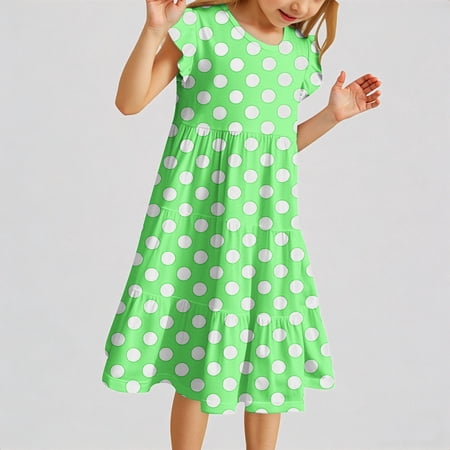 REDARER Girls Flutter Sleeve Polka Dot Tiered Midi Dress Casual Summer Outdoor Play Comfortable Easy Care Dress for Kids 7T
