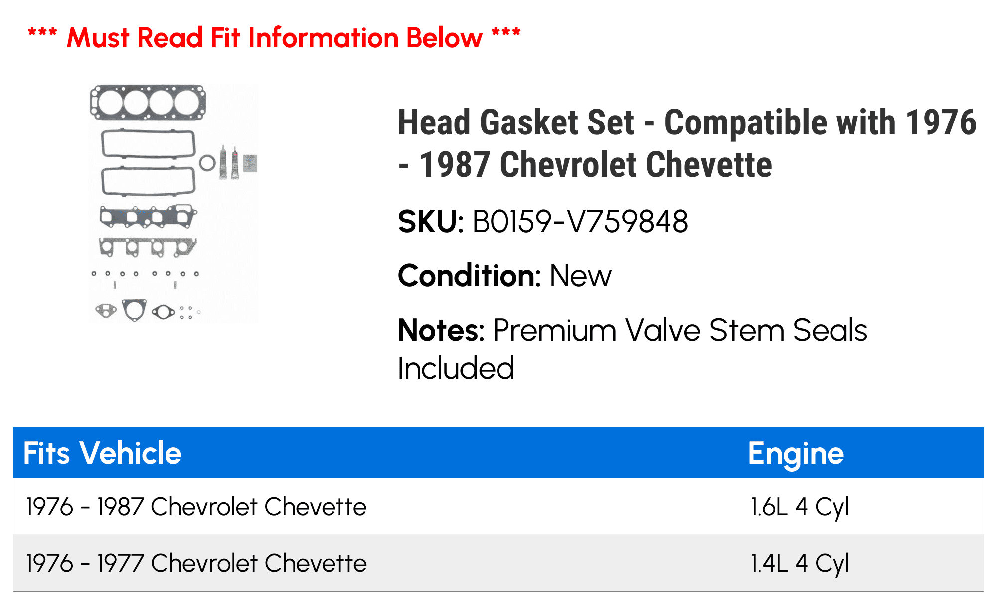 Head Gasket Set - Compatible with 1976 - 1987 Chevy Chevette 1977 1978 1979 1980 1981 1982 1983 1984 1985 1986