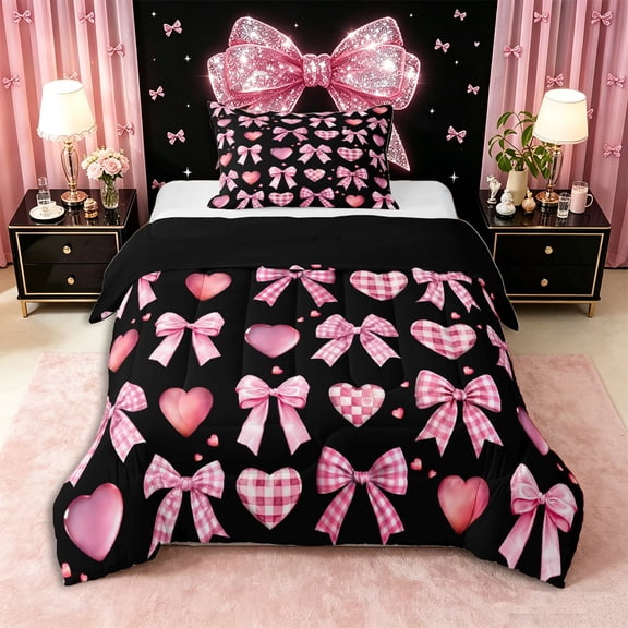 Erosebridal Princess Bowknot Twin Comforter Sets 3-Piece for Kids Girls,Plaid Love Heart Bedding Set for Teens,Black Reversible,Ultra Soft Home Decor
